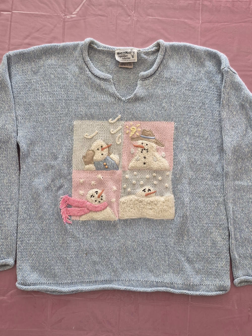 Vintage Women's Light Blue Holiday Christmas Sweater Snowmen Embellishments M